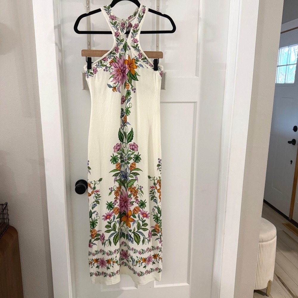 FARM Rio Delicadeza Halter Midi Dress Floral Fruit Off White Ribbed Boho Resort
